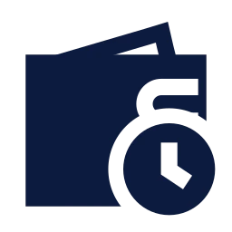 Wallet clock icon, Sharp Solid style