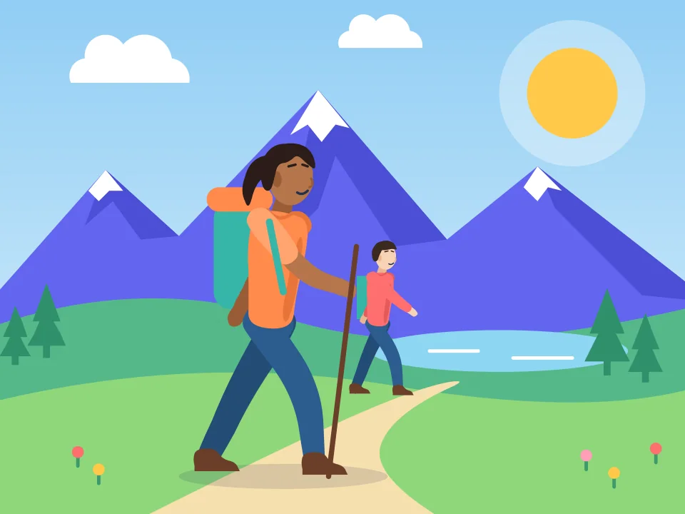 Two hikers on a mountain trail