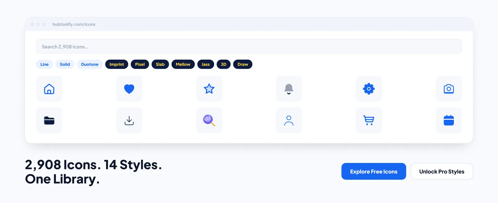 The HubToolify Icon Library browser, showing style filters and 2,908 searchable icons