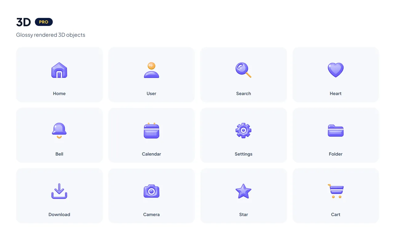 HubToolify 3D icons: glossy rendered objects in violet, orange and pink