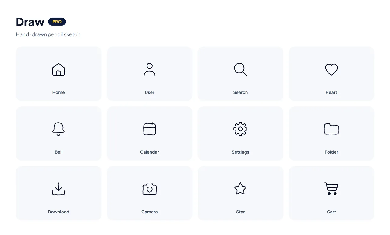 HubToolify Draw icons: a hand-drawn pencil-sketch Pro style