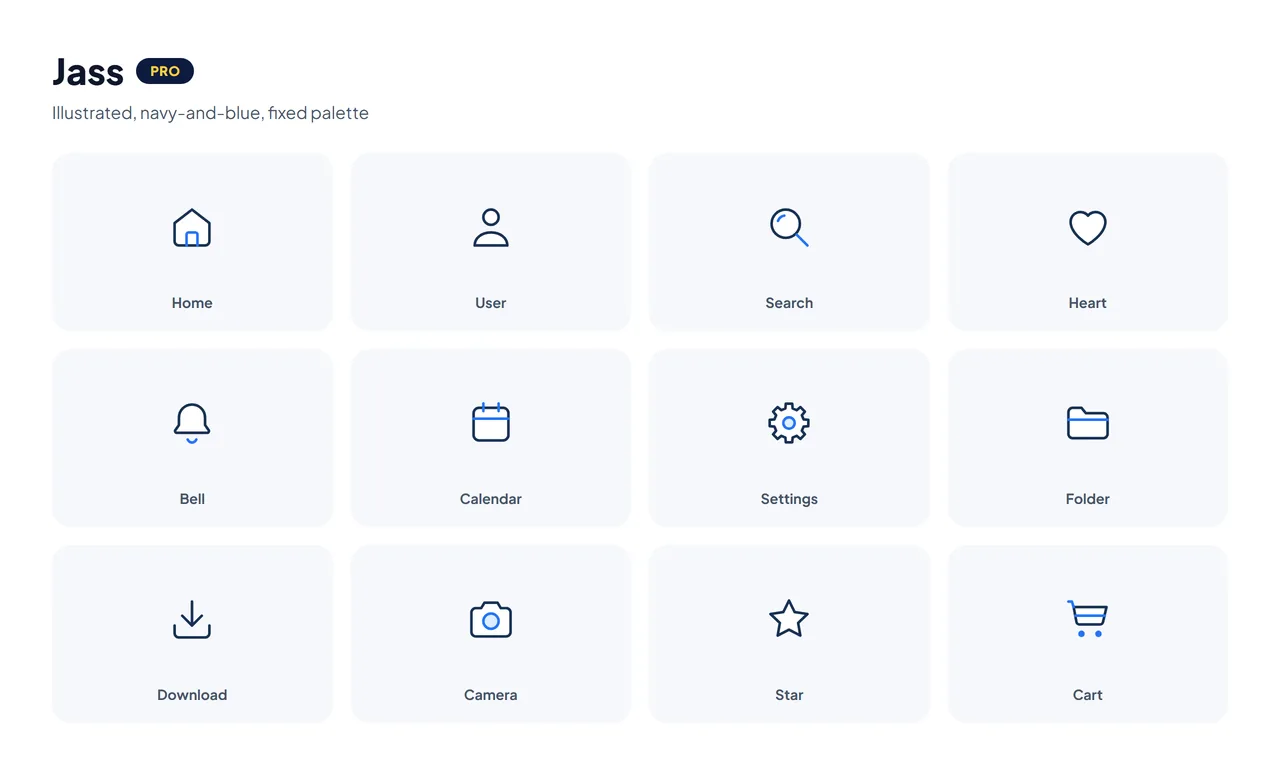 HubToolify Jass icons: a hand-illustrated, fixed navy-and-blue Pro style