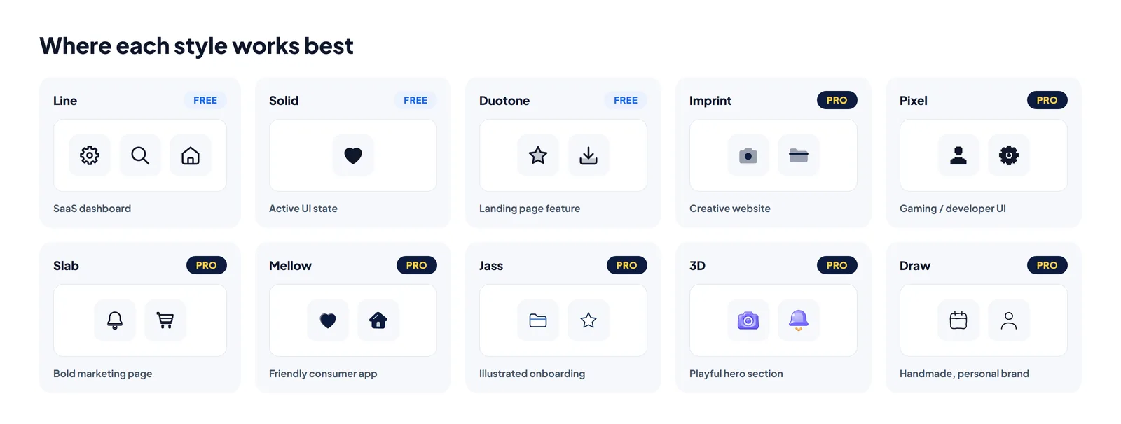 Ten mini interface examples showing where each HubToolify icon style works best, from SaaS dashboards to friendly consumer apps