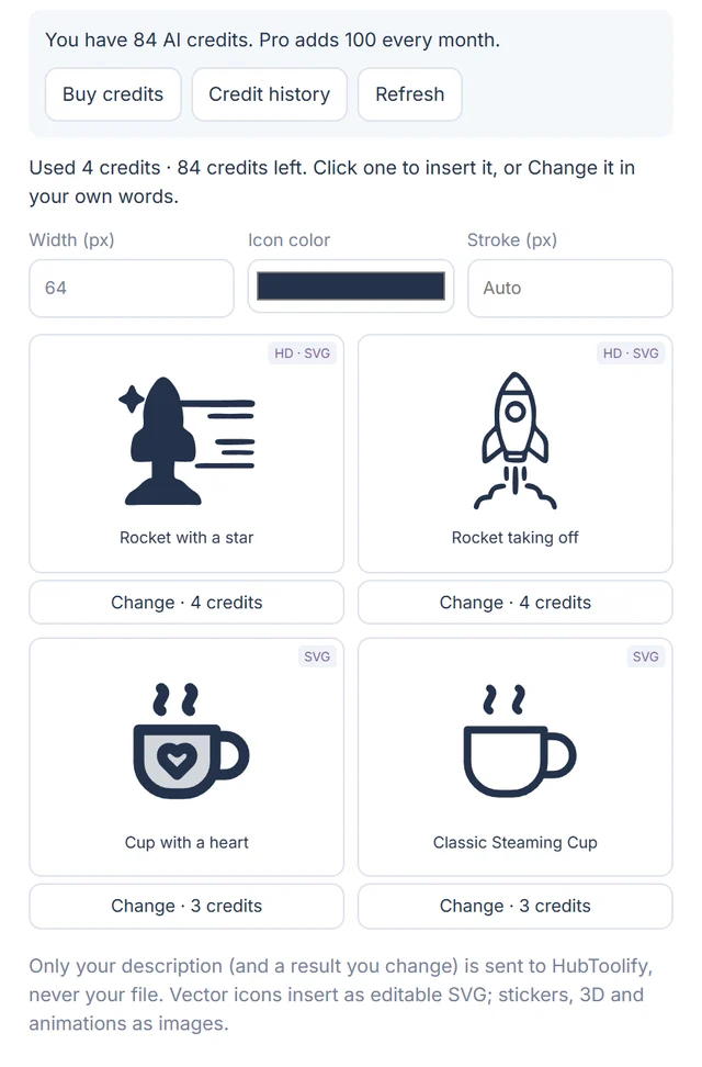 AI icon results in the HubToolify Figma plugin, each with Change