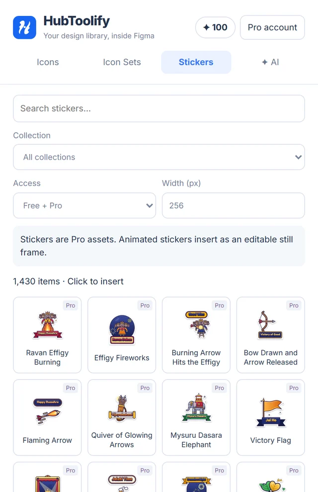 The Stickers tab of the HubToolify Figma plugin